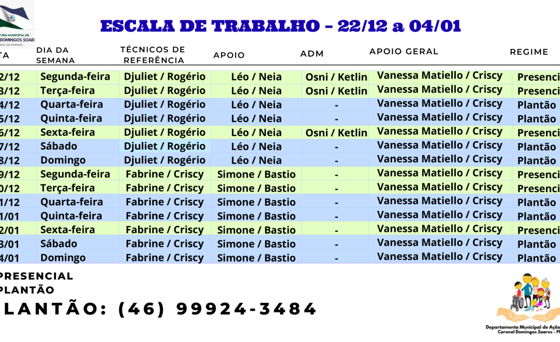 Escala de trabalho para Natal e Fim de ano do CRAS.