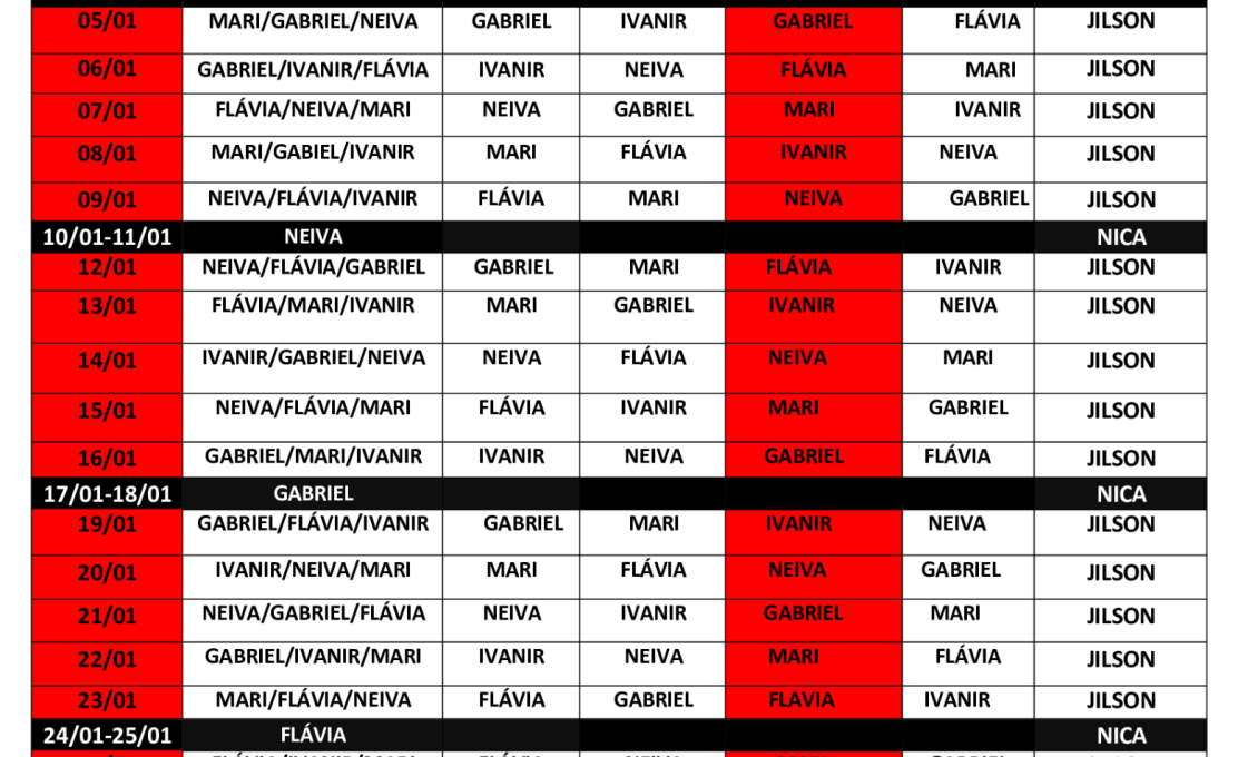 ESCALA DO CONSELHO TUTELAR PARA JANEIRO DE 2026
