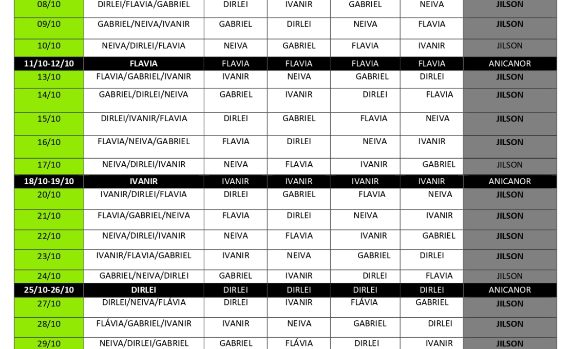 Escala  do mês  de outubro de 2025  Conselho Tutelar  de Coronel Domingos Soares - Pr.