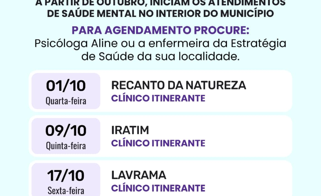 Cronograma de atendimento no interior - PSICOLOGIA em outubro