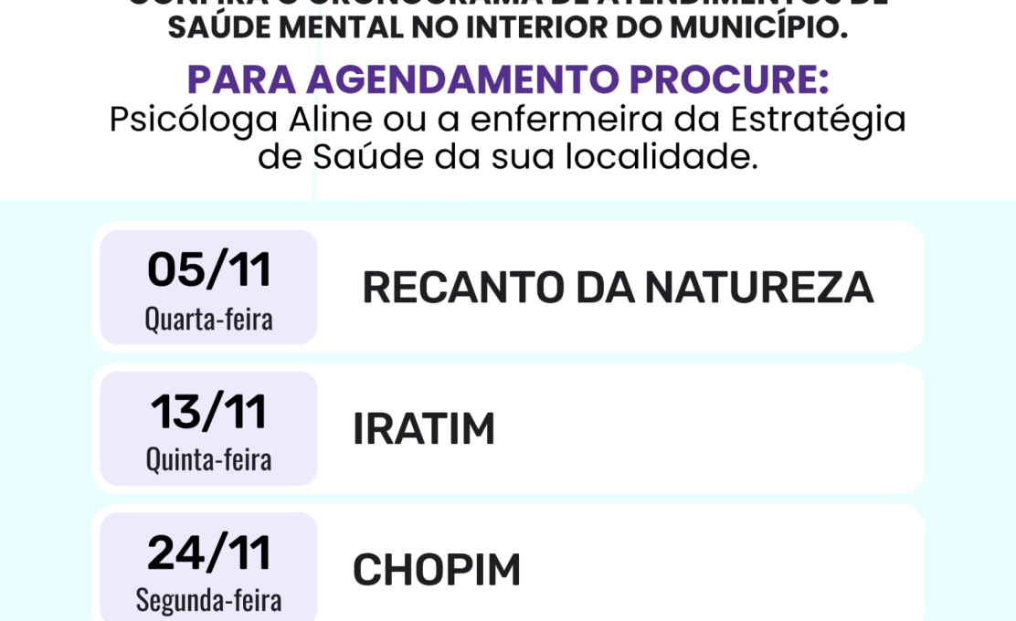 Confira o cronograma de atendimentos de saúde mental no interior do município de Coronel Domingos Soares - PR.