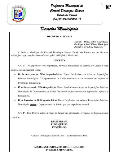 DECRETO 12/2026 PONTO FACULTATIVO. 