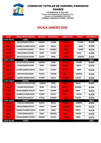 ESCALA DO CONSELHO TUTELAR PARA JANEIRO DE 2026
