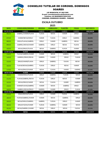 Escala  do mês  de outubro de 2025  Conselho Tutelar  de Coronel Domingos Soares - Pr.