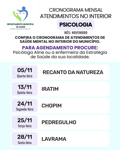 Confira o cronograma de atendimentos de saúde mental no interior do município de Coronel Domingos Soares - PR.